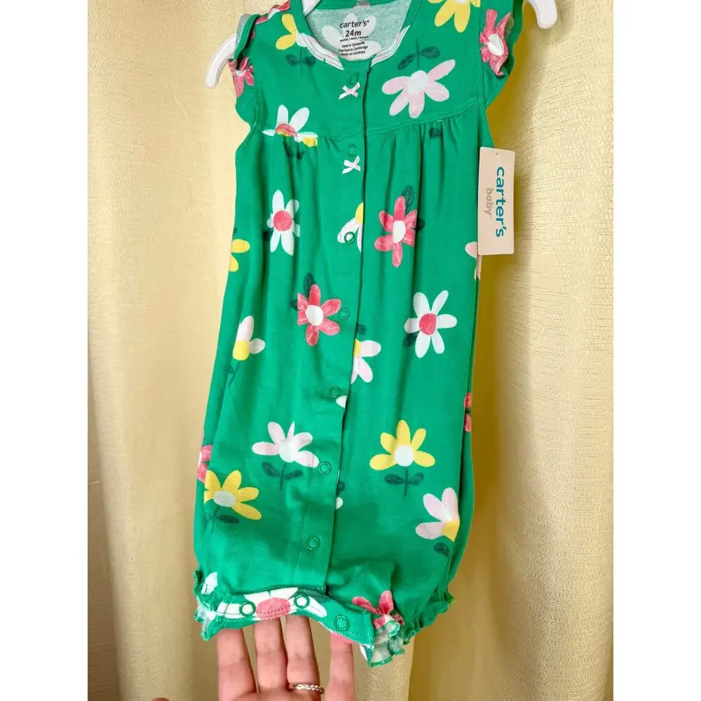 Carters green with flower print snap button one piece romper size 24 month